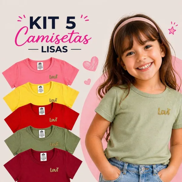 Kit 5 Camisetas Infantil Menina Algodão Básicas Lisas Coloridas Confortáveis Delicadas e Versáteis
