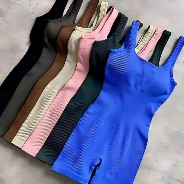 Conjunto Fitness Canelado Feminino, Macaquinho Feminino,Macacão Academia Poliamida, Short Yoga Roupa Conjunto Academia
