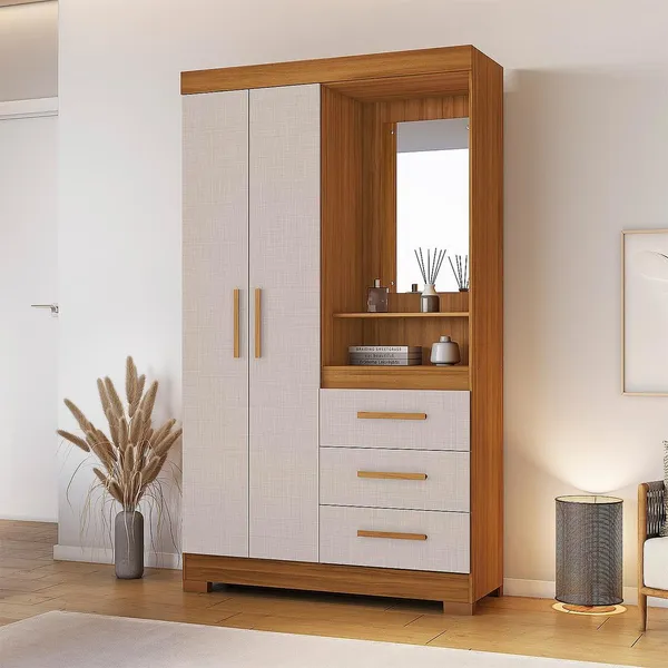 GUARDA-ROUPA SOLTEIRO PARA QUARTO 5170 COM 2 PORTAS 3 GAVETAS COMPACTO FREIJÓ / OFF WHITE - NOTÁVEL