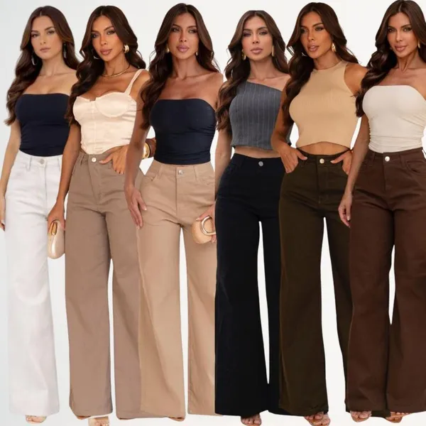 Calça Wide Leg Feminina Oversized ​ Sarja Cintura  Alta Alfaiataria Conforto Elastano