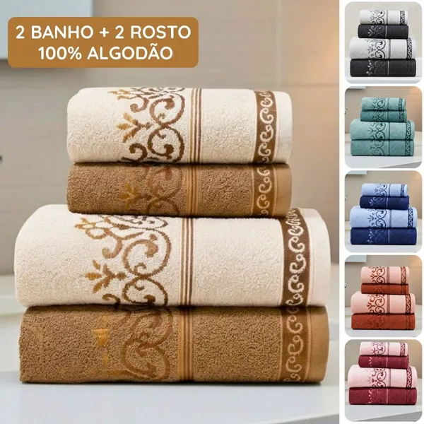 Jogo de Toalha 4 Peças 100% Algodão Bordada 2 Banho 2 Rosto Macia Boa Absorção Brisa Habitat