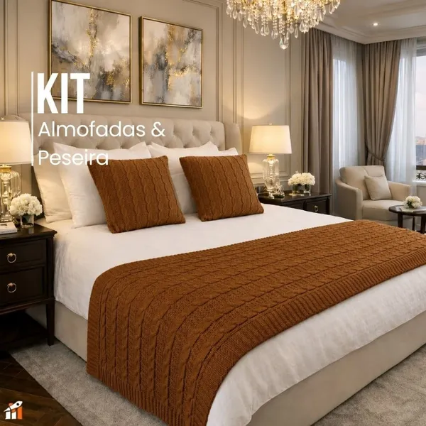 Kit Peseira para Cama com 2 Capas de Almofada Tricô Luxo Decorativo Casal Queen Elegante