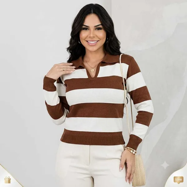 Gola Polo Manga Longa Malha Canelada Outono Inverno