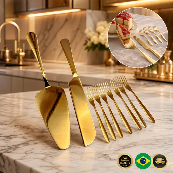 Jogo Talheres Dourados Para Bolo e Sobremesa – 8 Peças Luxo Inox