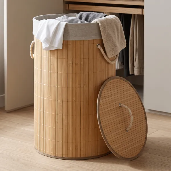 Cesto De Roupas Bambu Redondo Banheiro Lavanderia