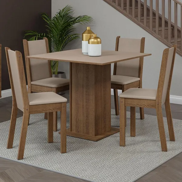CONJUNTO SALA DE JANTAR MESA TAMPO DE MADEIRA 4 CADEIRAS RUSTIC/CREMA/SINTÉTICO BEGE BRIANA MADESA