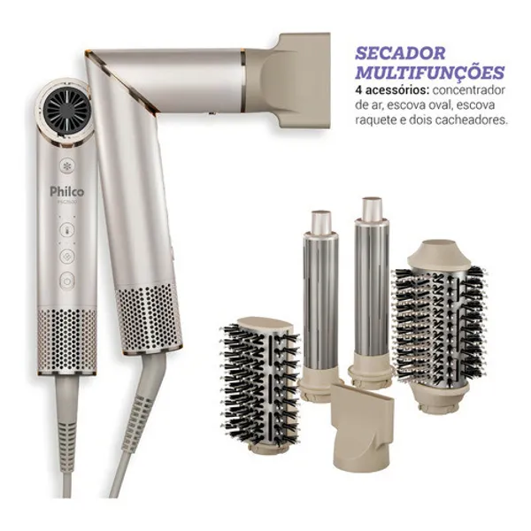 Secador de Cabelo Philco PSC3500 4 em 1 Dobrável Portátil com Escovas e Cacheadores para Viagem