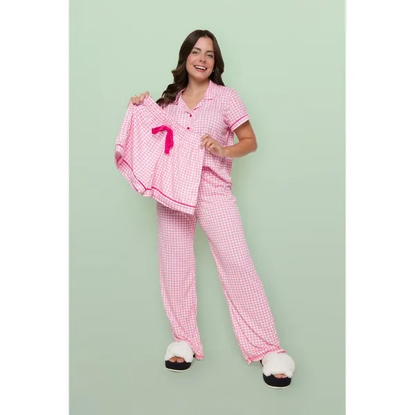 Pijama Americano Blogueirinha Kit 3 Peças Blusa Shorts Calça Xadrez Rosa