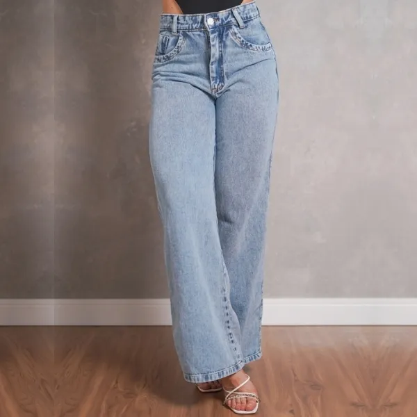 Calça Jeans Feminina Wide Leg Shopee Gaven Cintura Alta Tecido Grosso Marmorizada Linha Premium