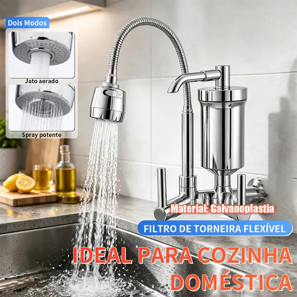 Torneira Gourmet Filtro de Parede Cozinha Flexível Jato Duplo Cromada Luxo 1/4 de volta