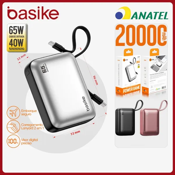 Basike Power ​Bank Turbo 20000mAh 65W TurboCharge，Carregador Portátil Rápido com Cabo Incluso e Display Digital，b203b