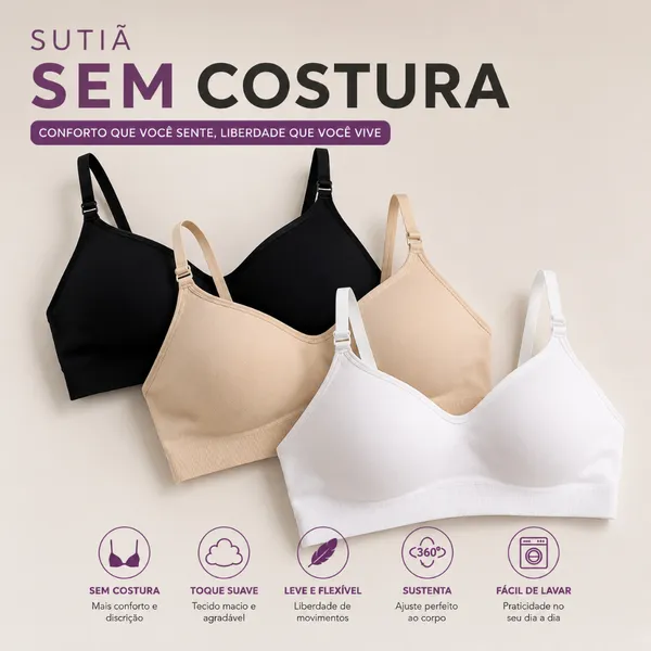 SUTIÃ SEM COSTURA COM BOJO NÃO MARCA NA ROUPA. CORTE Á LASER CONFORTÁVEL E ALÇA MULTI-FUNCIONAL