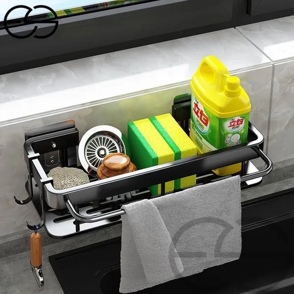 Suporte de cozinha Prateleira  Com Rack De Pano  Gancho Organizador Sem Furo Com Adesivo Box ES