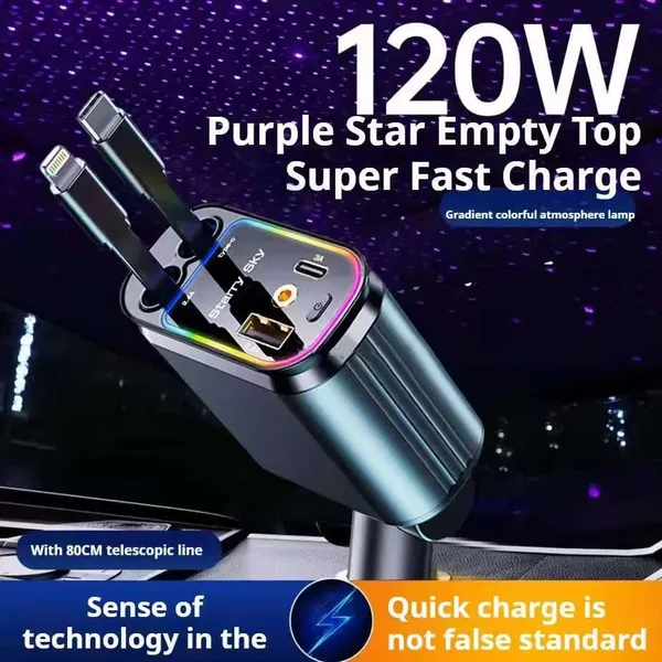 Carregador de carro retrátil com luz LED 4 em 1 120 W
