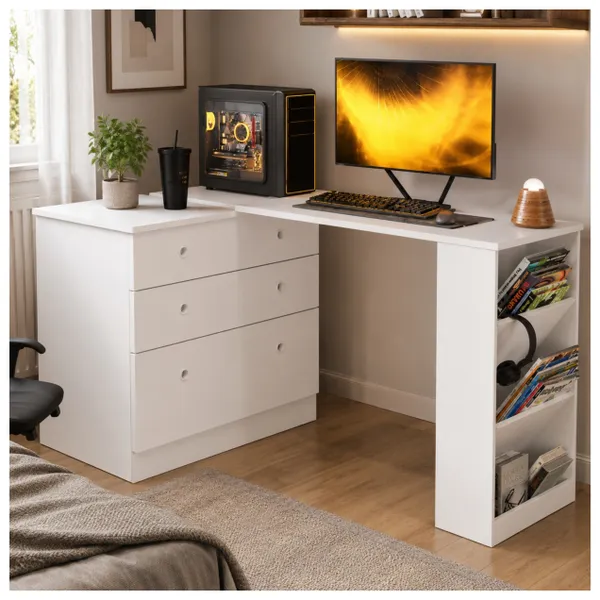 CÔMODA GAMER 3 GAVETAS COM MESA GIRATÓRIA MDP QMOVI