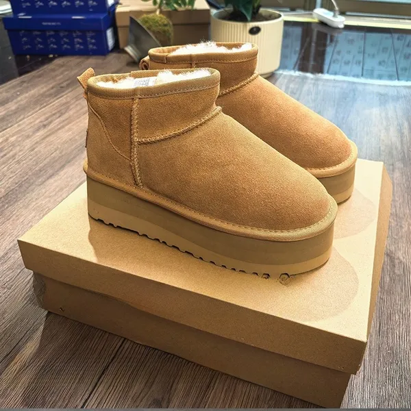 Botas de neve UGG, com sola de 5 cm de espessura, botas curtas de couro com bico redondo, botas de algodão, salto alto c
