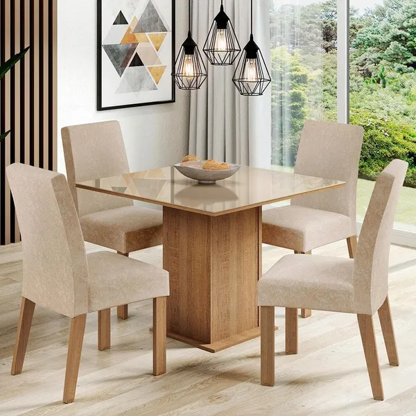 CONJUNTO SALA DE JANTAR MESA TAMPO DE VIDRO COM 4 CADEIRAS RUSTIC/CREMA/IMPERIAL MADESA EVELIN