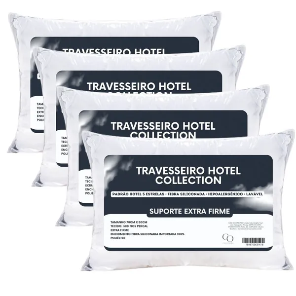 Kit 4 Travesseiro Alto Firme Hotel Collection 70x50cm Padrão Hotel Antialérgico Fibra Siliconada