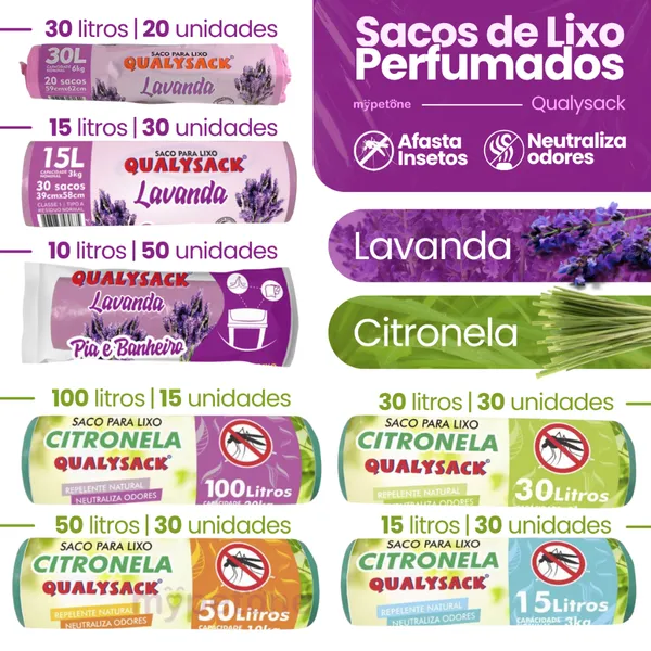 Saco de Lixo Aroma Lavanda e Citronela 10, 15, 30, 50 e 100 Litros - Qualysack