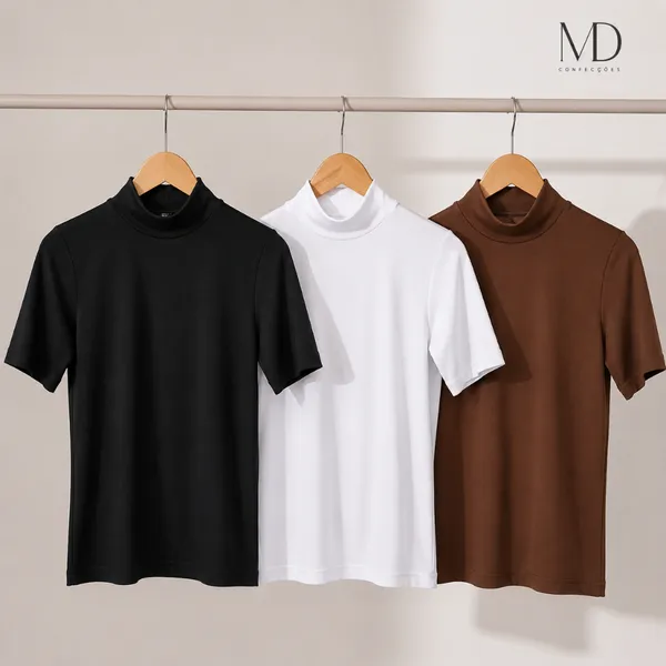 Kit 3 T-Shirt Feminina Blusa Gola Alta Camiseta Manga 3/4 100% Algodão Básica