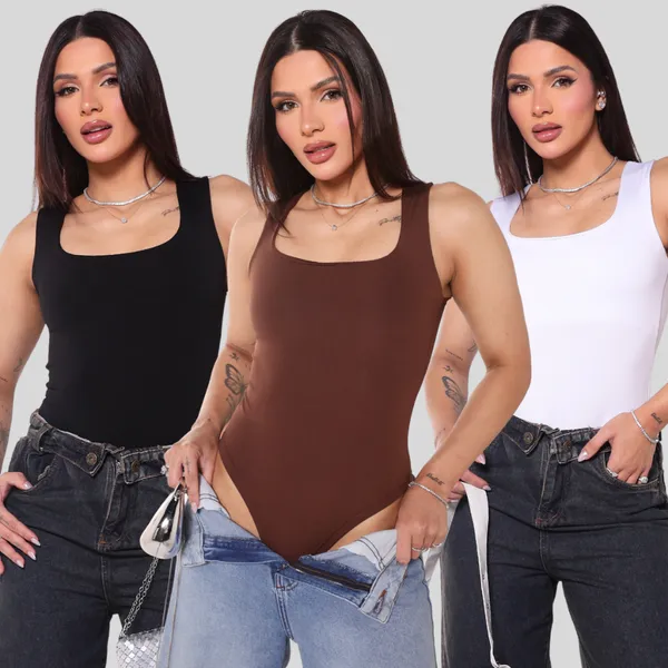 Kit 3 Body Feminino Decote Quadrado Alça Larga Regata Suplex Liso Casual
