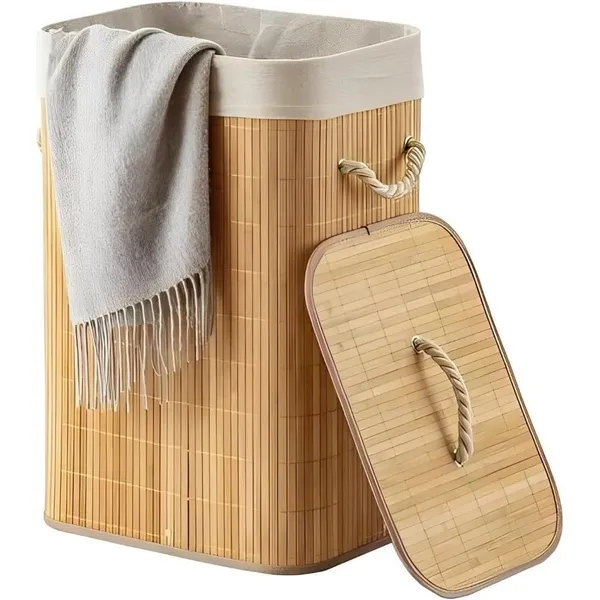 CESTO DE ROUPA DE BAMBU DOBRAVEL ORGANIZADOR 72LITROS FORRADO BANHEIRO 60CM GRANDE CESTO RETANGULAR