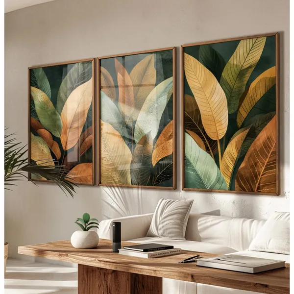 QUADRO NATUREZA QUADRO COM MOLDURA E VIDRO QUADRO DECORATIVO SALA QUARTO CASAL QUADRO FOLHAGEM TRIO