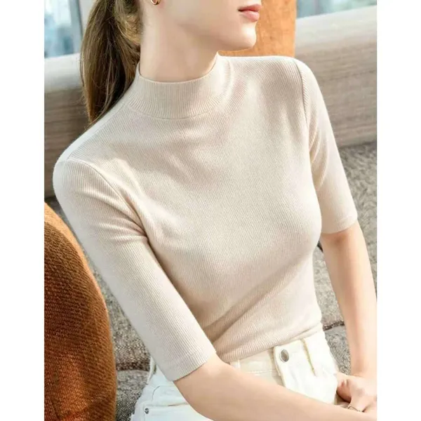 BLUSA FEMININA MALHADO GOLA ALTA MANGA DO MEIO SIMPLES Tecido De Ribana P M G