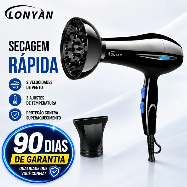 Secador Profissional com Difusor 127V ou 220V 5 Temperaturas Turbo Íons Negativos Secagem Rápida Anti-Frizz LONYAN 8020