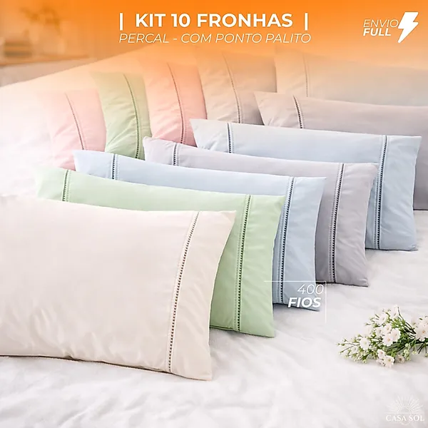 KIT FRONHAS  | 10 PEÇAS  |  PERCAL  |  400 FIOS  | PONTO PALITO  | VARIAS CORES