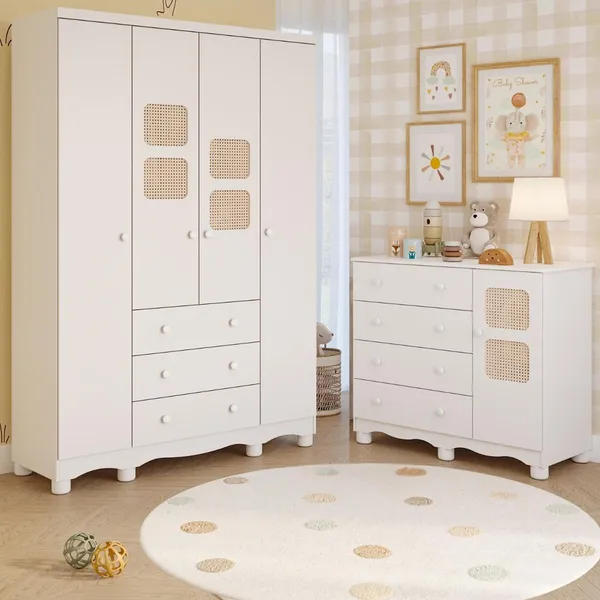 Quarto de Bebê Completo Guarda Roupas 4 Portas Cômoda 1 Porta 4 Gavetas 100% MDF Telinha