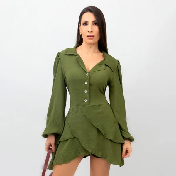 Vestido Feminino Curto Social Elegante Com Babados e Botões Camisa Chemise Promoção Lançamento