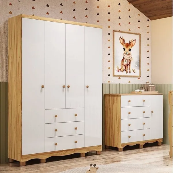 Quarto Infantil com Guarda-Roupa 4 Portas e Cômoda 1 Porta 100% MDF Mimo Espresso Móveis Branco/Brilho/Amêndoa Branco