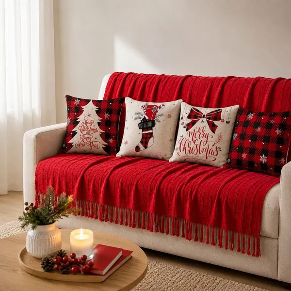 Kit Manta Decorativa P + 4 Capas de Almofadas Natalinas Estampa Digital Decoração Natal