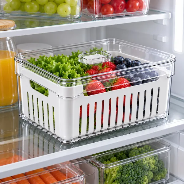 Organizador Geladeira 2,2L  Acrílico Transparente Cesto Drenagem Sem BPA Tampa Trava Fresh Frutas Legumes Verduras