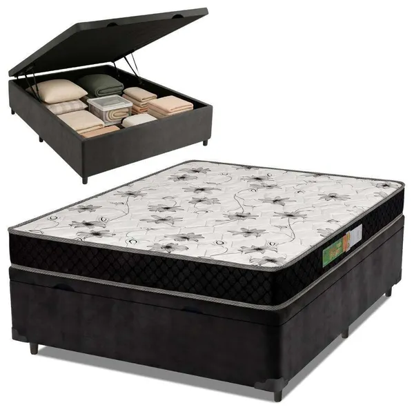 CAMA BOX COM BAÚ CASAL COLCHÃO ESPUMA 138X188X53CM POLAR BRANCO / PRETO