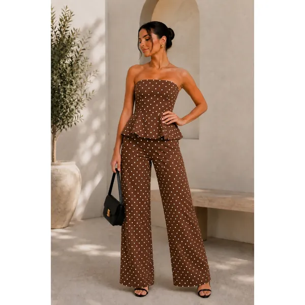 Conjunto Feminino Tomara que Caia com Peplum e Calça Pantalona  Bolinha Poa Trabalho Moderno REF: Leona Bolinha