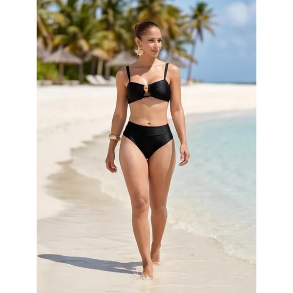 Biquíni Hot Pants Feminino Elegante Cintura Alta Com Bojo Removivel Top Alça Cintura Alta Amarrações