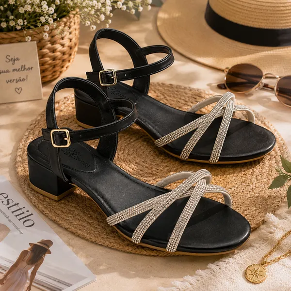 Sandália Feminina Saltinho Baixo Clássico ​Fivela Brilho Strass Confortável Luxo Promoção