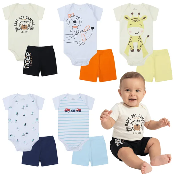 Kit 6 Peças Roupa de Bebê Menino 100% Algodão 3 Body Manga Curta + 3 Shorts Nenem Verão P ao GG