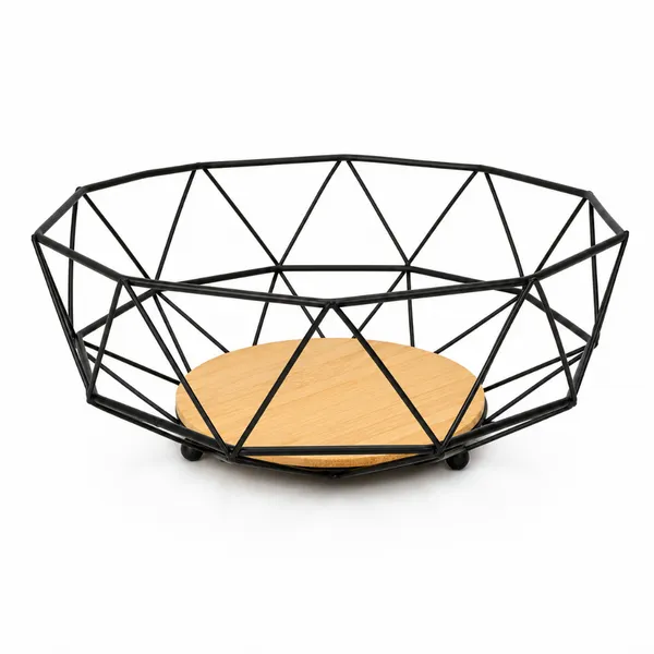 FRUTEIRA DE MESA BOWL PRETO VAZADA COM SUPORTE DE MADEIRA ESCOVADO LINDO DESIGN