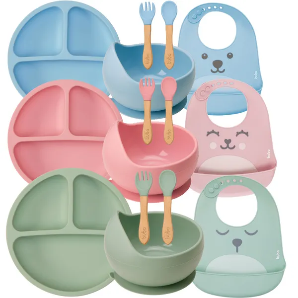 Kit Buba Introdução Alimentar Silicone Prato Ventosa  Babador Pega Migalha Colher Silicone Bambu Gumy