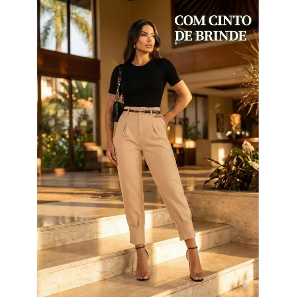 Calça Alfaiataria Feminina Cenoura Elegante Cintura Alta Social Com Cinto Tendência 2026