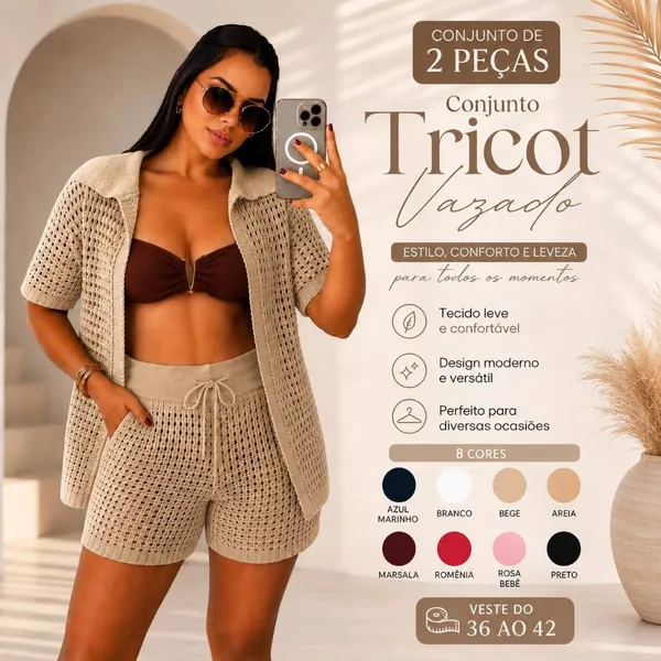 Conjunto Croche Saida de Praia Feminino Shorts e Camisa Polo Aberta Tricot Estilo Elegante duas Peças