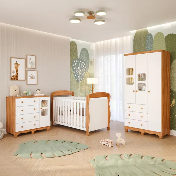 Quarto Bebê Completo 100%MDF Berço Americano Marquesa 3 em 1 Guarda Roupa 3 Portas Cômoda Uli