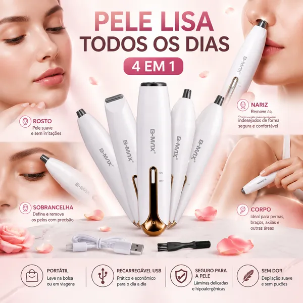 Depilador elétrico feminino 4 em 1, barbeador para remoção de pelos, corpo, pelos do nariz, pelos das axilas, barba reca