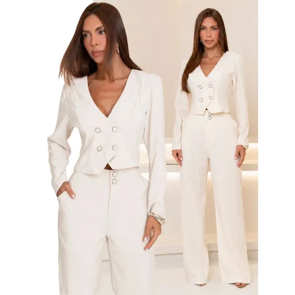 Conjunto Feminino 2 Peças Blazer Cropped Transpassado Manga Longa + Calça Pantalona Alfaiataria Marant Cintura Alta