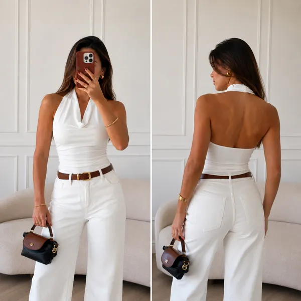 Blusa Frente Única Gola Boba Elegante  Costa Nua Tendência Franzida Gola Degagê