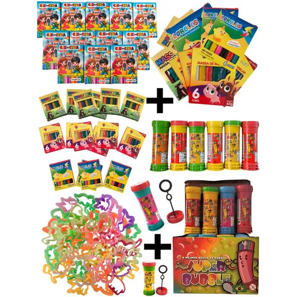 Kit 25 Caixas Massinha de Modelar + 25 Bolha Sabão + 25 Mini Giz + 50 Cortador Kit Festa Aniversario