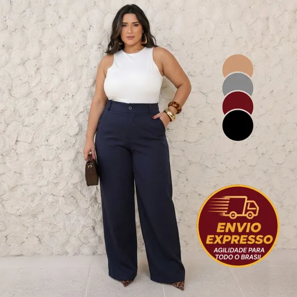 Calça Pantalona Plus Size Alfaiataria Femino Premium Wid e Leg Elegante